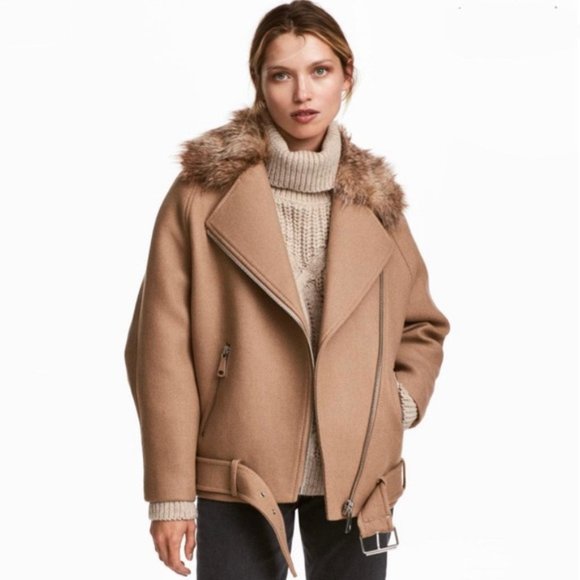 H&M Jackets & Blazers - H&M Blogger Favorite's Winter Beige Wool Faux Fur Collar Zipper Biker Coat Sz 4